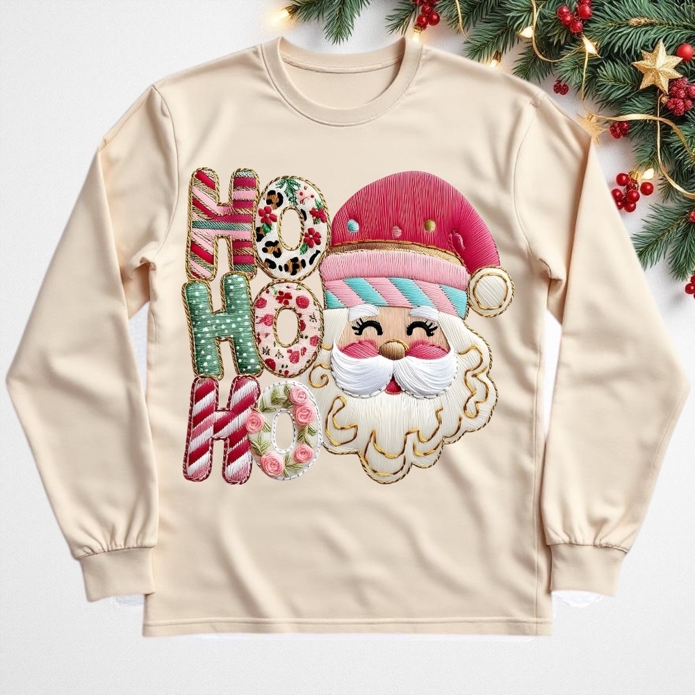 Ho Ho Ho" Faux Embroidery T-shirt Long sleeve S M L XL XXL Custom made New Tan